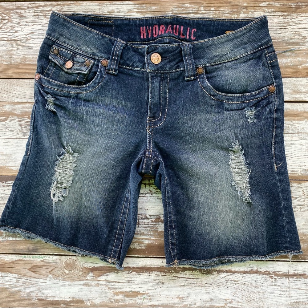 Y2K low rise Hydraulic denim shorts, distressed, size 9/10, womens jean shorts